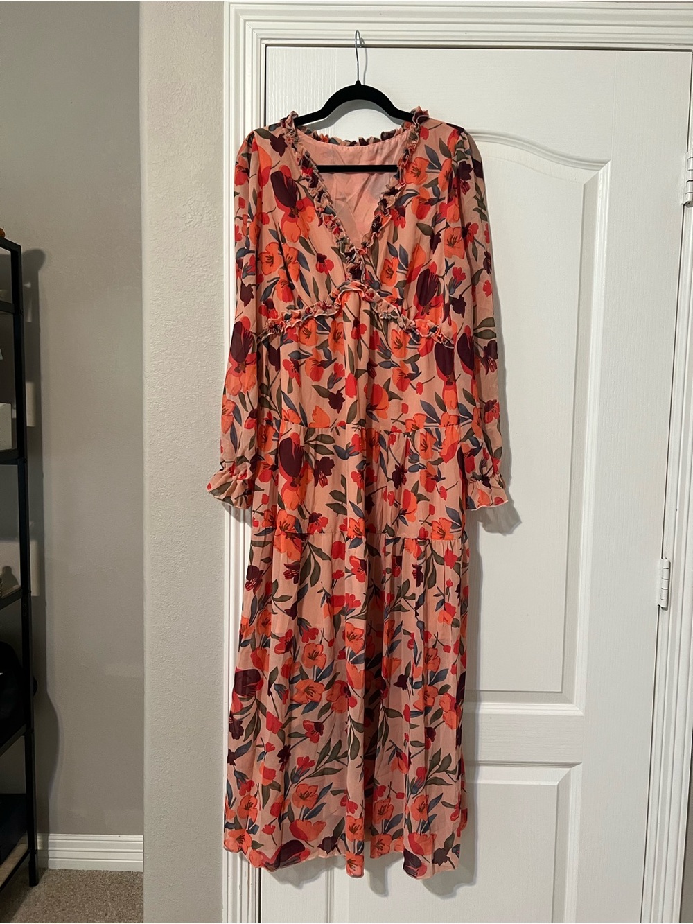 Peach Floral Tiered Long-Sleeve Maxi Dress